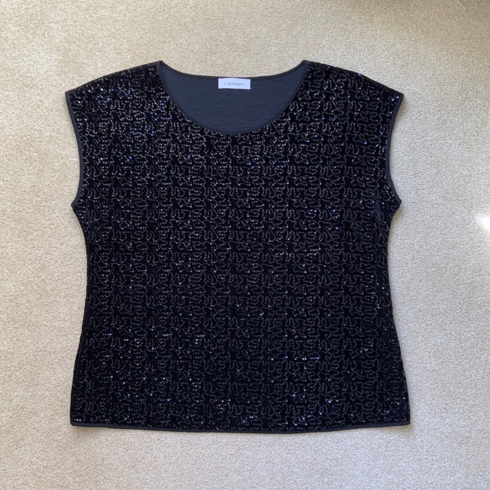 Calvin Klein Black Velvet Sequin Cap Sleeve Party Top
